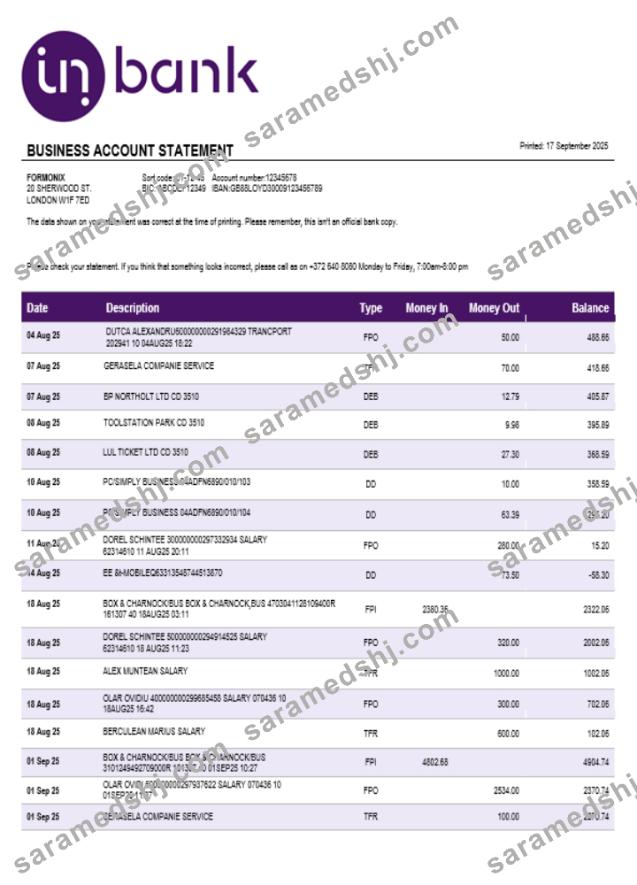 Inbank business firm account statement Word snd PDF format
